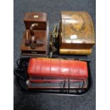 A tray of ornamental pistols, Eastern trinket box and cigarette box, cased spoons,