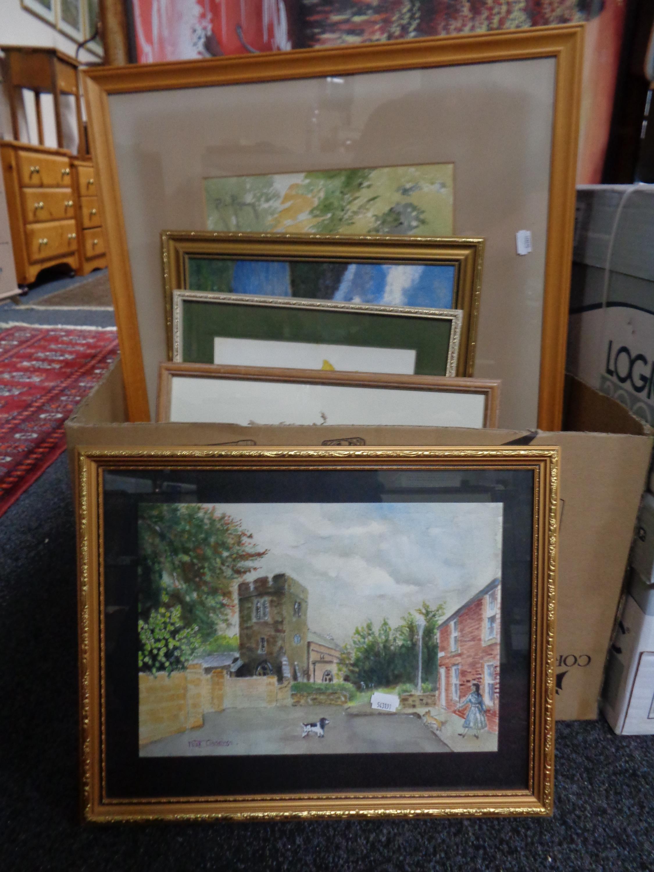A box of assorted framed pictures and prints - Peter corbridge watercolour of St Marys