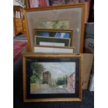 A box of assorted framed pictures and prints - Peter corbridge watercolour of St Marys