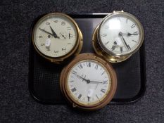 A tray of three brass cased ship's clocks, Schetz Royal Mariner ships empire and Mt.