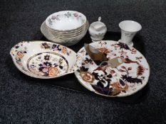 A tray of china, Coalport Hong Kong cake plate with knife, Masons twin handled dish, Wedgwood vase,