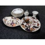 A tray of china, Coalport Hong Kong cake plate with knife, Masons twin handled dish, Wedgwood vase,