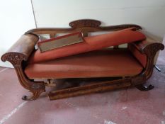 An antique mahogany scroll arm settee (a/f)