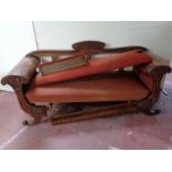 An antique mahogany scroll arm settee (a/f)