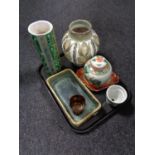 A tray of Denby vase, studio pottery vase and dish, copper lustre goblets,