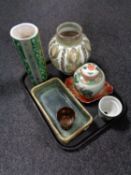 A tray of Denby vase, studio pottery vase and dish, copper lustre goblets,