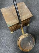 An antique copper slipper box together with a bed warming pan