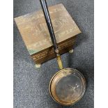 An antique copper slipper box together with a bed warming pan