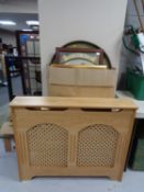 A set of pine shelves together with a radiator cover and box of assorted pictures,