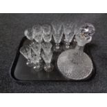 A tray of crystal ship's decanter and three sets of crystal liqueur and wine glasses