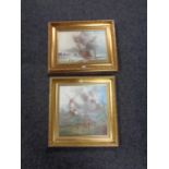 Two PJ Wintrip oil paintings in gilt frames depicting a Sailing ship and windmill