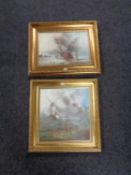 Two PJ Wintrip oil paintings in gilt frames depicting a Sailing ship and windmill