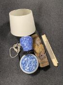 A tray of oriental blue and white table lamp on wooden base, blue and white crackle glazed pot,