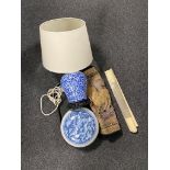 A tray of oriental blue and white table lamp on wooden base, blue and white crackle glazed pot,