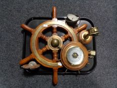 A tray of shipping related items - ship's wheel barometer,