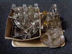 A tray of two plated cruet stands, dismantled cruet stand, flatware, cruet bottles,
