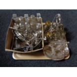 A tray of two plated cruet stands, dismantled cruet stand, flatware, cruet bottles,