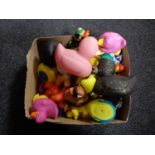 Two boxes of rubber ducks, wicker waste bin, pictures,