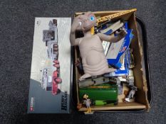 A tray of assorted plastic and die cast vehicles, ET doll,