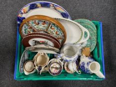 A tray of oriental serving plates, wall plates, antique blue and white jug,