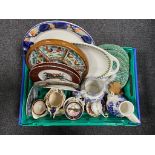 A tray of oriental serving plates, wall plates, antique blue and white jug,