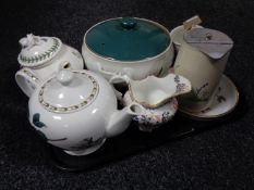 A tray of assorted china including Denby tureen, Port Merion, teapots,