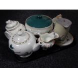 A tray of assorted china including Denby tureen, Port Merion, teapots,