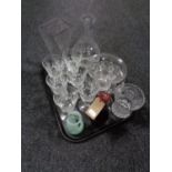 A tray of assorted glass, antique red glass decanter, Caithness vase, six wine glasses,