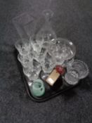 A tray of assorted glass, antique red glass decanter, Caithness vase, six wine glasses,