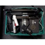 A box of camera tripod, realistic scanners, continental reel to reel player,