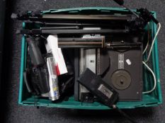 A box of camera tripod, realistic scanners, continental reel to reel player,