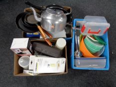 Three boxes of kitchen items, tea pot, cast iron pans, kitchen scales, storage boxes,