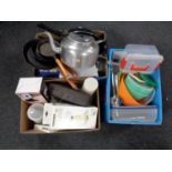 Three boxes of kitchen items, tea pot, cast iron pans, kitchen scales, storage boxes,