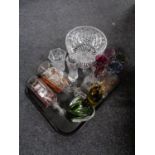 A tray of assorted glassware, ships in bottle, ashtrays, champagne flutes, vases,
