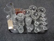 A tray of glass, decanter, preserve pot,