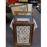 A box of assorted framed pictures and prints, framed Japanese watercolour, Russell Flint print,
