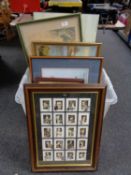 A box of assorted framed pictures and prints, framed Japanese watercolour, Russell Flint print,