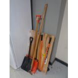 A Clark strong arm flat bed trolley together with two shovels,
