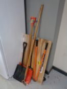 A Clark strong arm flat bed trolley together with two shovels,