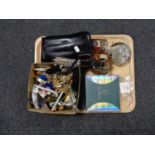 A tray of costume jewellery, leather clutch bags, timex and smiths empire pocket watch,