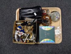 A tray of costume jewellery, leather clutch bags, timex and smiths empire pocket watch,