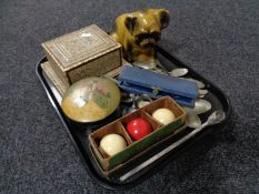 A tray of Indian cigarette box, hand painted lidded box, assorted flatware, billiard balls,