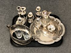 A tray of continental white metal teapot stamped 875 with indistinct marks, silver plated tray,