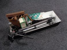 A box of Marinox 12 x 40 binoculars, camera tripod, student microscope, diver's knife,