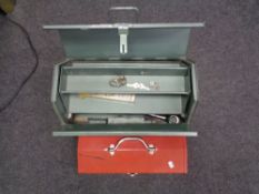 Two metal tool boxes containing hand tools etc