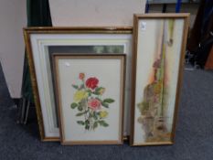 A gilt framed A H Hayward watercolour - Two figures in a boat with houses beyond together with