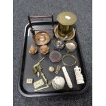 A tray of trench art shell cases, miniature ornaments, carved wooden figures,