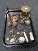 A tray of trench art shell cases, miniature ornaments, carved wooden figures,