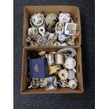 Two boxes of china, Ringtons storage jars and caddies, mugs,