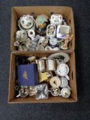 Two boxes of china, Ringtons storage jars and caddies, mugs,